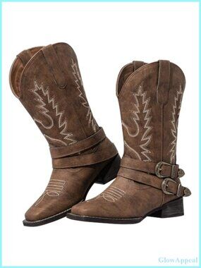 SheSole Wide Calf Cowboy Boots - Square Toe Mid-Calf Western Boots for Women